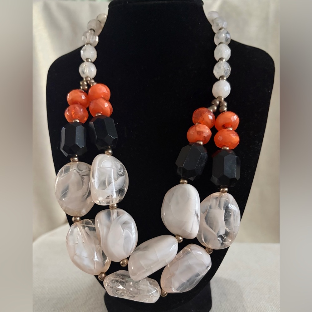 Neutral Agate & Black Statement Necklace with Coral Accent